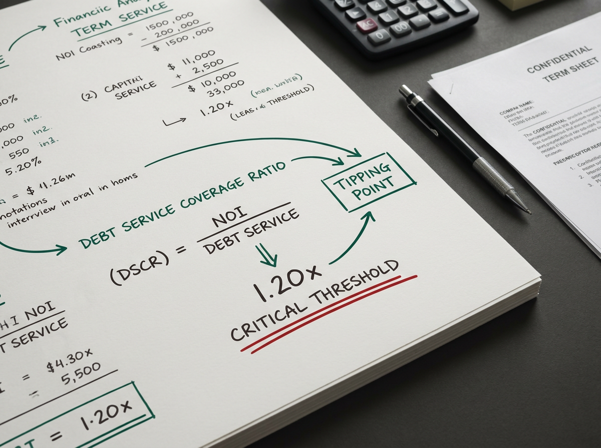 Business acquisition finance Australia — debt service coverage ratio (DSCR) workings showing NOI over debt service and the critical covenant threshold